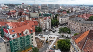 Przebudowa skrzyżowania ul. Taczaka, Kościuszki i Taylora - widok w kierunku kompleksu Alfa