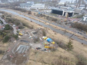 Widok na prace w rejonie Ostrowa Tumskiego z perspektywy lotu ptaka